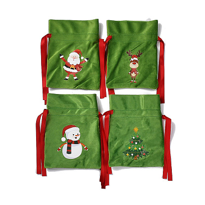 Christmas Theme Velvet Packing Pouches, Drawstring Bags, Rectangle with Deer/Santa Claus/Christmas Tree/Snowman Pattern