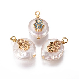 Pendentifs de perles d'eau douce de culture naturelle, avec les accessoires de zircone et en laiton cubes, plat rond avec hamsa main / main de fatima / main de miriam