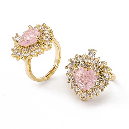 Bague réglable coeur en verre rose avec zircone cubique, bijoux en laiton pour femmes