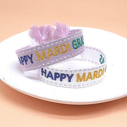 Word Happy Mardi Gras Polyester Braided Cord Bracelets