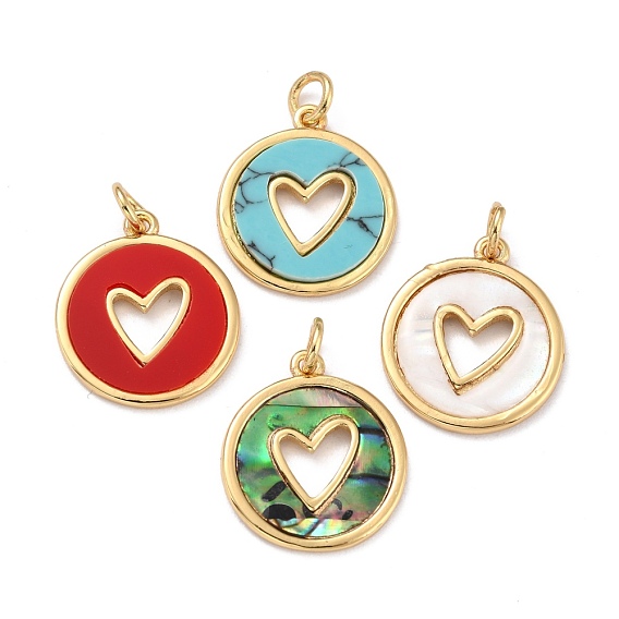 Real 18K Gold Plated Brass Pendants, with Mixed Shell & Gemstone, Long-Lasting Plated, Flat Round with Heart