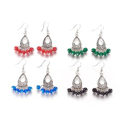 Boucles d'oreilles chandelier de style tibétain, boucle d'oreille pendante antique, avec des perles de verre peintes de cuisson et de crochets de boucles d'oreilles en laiton, 55mm