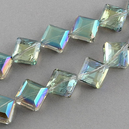 Electrochapa transparente granos de cristal facetado hebras, plaza, 17x17x7.5 mm, agujero: 2 mm, sobre 40 unidades / cadena, 25.1 pulgada