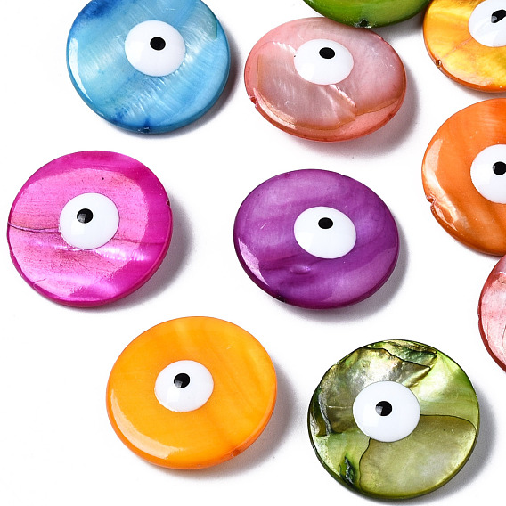 Natural Freshwater Shell Beads, with Enamel, Double-Faced, Flat Round with Evil Eye, Dyed