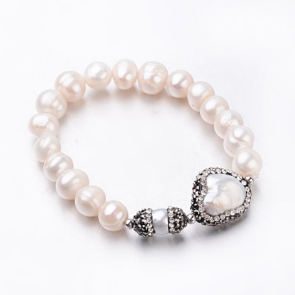 Round Pearl Stretch Bracelets, with Rhinestone and Brass Findings, Bead: 45~54mm