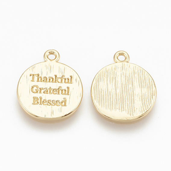 Brass Charms, Flat Round with Thankful Grateful Blessed, Nickel Free, Real 18K Gold Plated