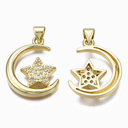 Brass Micro Pave clear Cubic Zirconia Pendants, Nickel free, Moon with Star