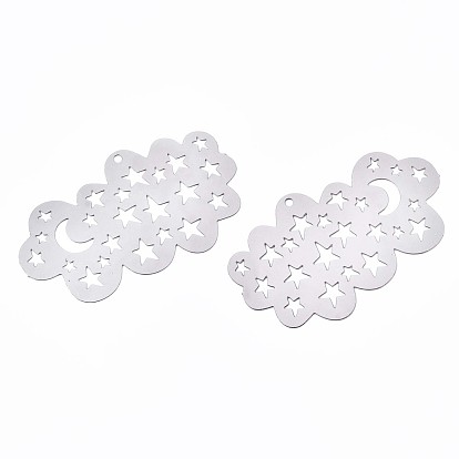 201 Stainless Steel Filigree Pendants, Etched Metal Embellishments, Cloud with Moon & Star