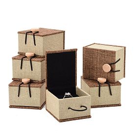 Rectangle Wooden Ring Boxes, with Burlap and Velvet, 7x6x5.2cm
