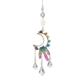 Moon/Sun Brass & Gemstone Pendants Decorations, with Stainless Steel Finding and Glass Leaf Charm, for Home Decorations