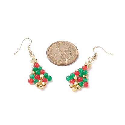 Boucles d'oreilles pendantes en jade de malaisie naturel teint en sapin de noël, bijoux enveloppés de fil de cuivre doré pour femmes