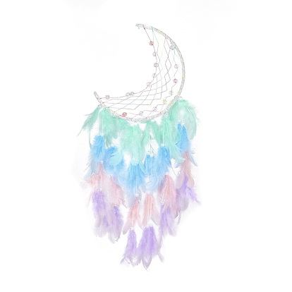 Iron Woven Web/Net with Feather Pendant Decorations, with Plastic Beads and Cloth, Moon
