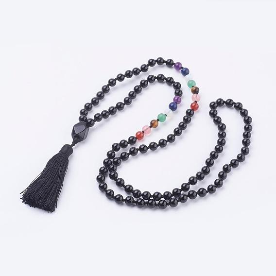 Natural Black Agate Tassel Pendant Necklaces, with Gemstone Beads, Chakra Necklaces