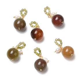 Natural Agate Round Pendant Decorations, with Natural Pearl Beads and Brass Findings