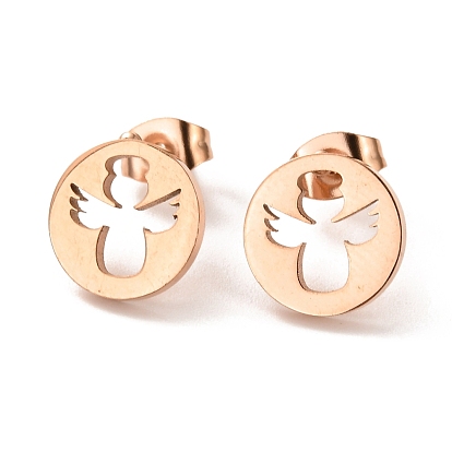 Ion Plating(IP) 304 Stainless Steel Stud Earrings, Flat Round with Angel