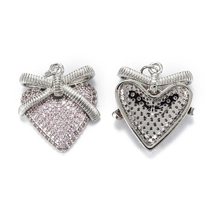 Brass Micro Pave Cubic Zirconia Pendants, Long-Lasting Plated, Heart with Bowknot