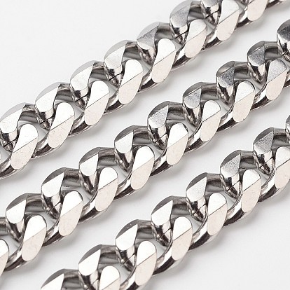 304 Stainless Steel Cuban Link Chains, Chunky Chains, Curb Chains, Unwelded, with Spool, Faceted, 11x4mm