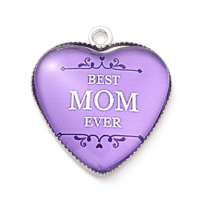 Mother's Day Alloy Pendants, with Glass, Platinum, Heart Charm with Word Mom