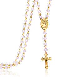Collar de cuentas de rosario de vidrio, Collar con colgante de cruz y Jesús de latón dorado