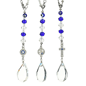 Glass Teardrop Pendant Decorations, with Tree of Life/Cross/Evil Eye Alloy Link and Acrylic Bead, for Home Car Decorations