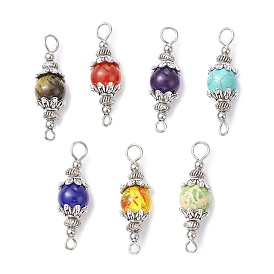 7Pcs 7 Styles Mixed Gemstone Round Connector Charms, with Antique Silver Tone Alloy Bead Caps, Dyed and Undyed