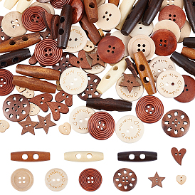 Nbeads 120Pcs 11 Style Wooden Buttons, Oval & Flat Round & Heart & Star