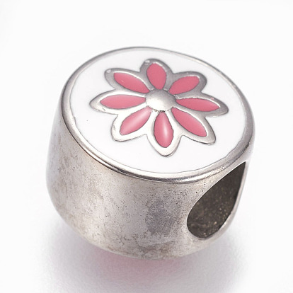 304 Stainless Steel European Beads, with Enamel, Large Hole Beads, Flat Round with Flower
