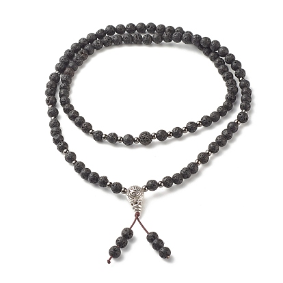 Natural Lava Rock & Cubic Zirconia Beaded Necklace, Oil Diffuser Aromatherapy Prayer Beads Necklace, Calabash Beads Lucky Buddhist Necklace