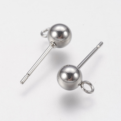 202 Stainless Steel Ball Stud Earring Findings, with 304 Stainless Steel Pins and Loop, Round