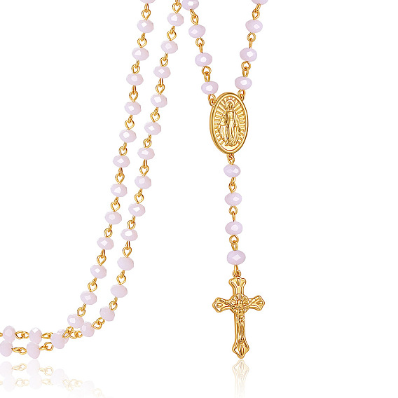 Collier de perles de chapelet en verre, collier pendentif croix et jésus en laiton doré