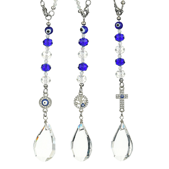 Glass Teardrop Pendant Decorations, with Tree of Life/Cross/Evil Eye Alloy Link and Acrylic Bead, for Home Car Decorations