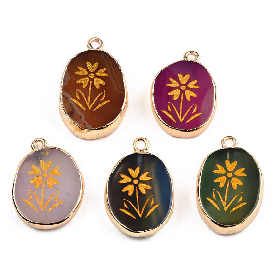 Natural Agate Pendants, with Light Gold Plated Brass Edge & Iorn Loops, Gold Powder, Dyed & Heated, Oval with Flower Charm