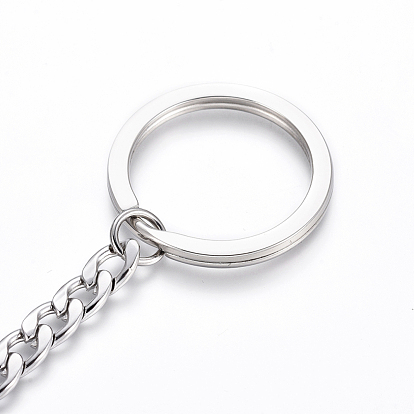 Polishing 304 Stainless Steel Split Key Rings, Keychain Clasp Findings, with Extended Curb Chains