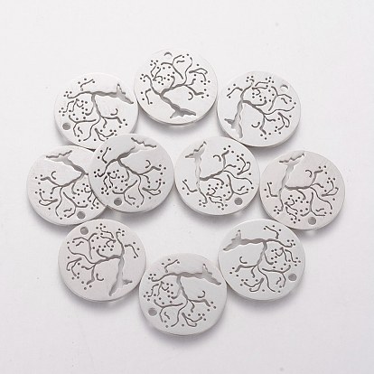 201 Stainless Steel Pendants, Flat Round with Cherry Tree