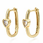 Brass Micro Pave Clear Cubic Zirconia Huggie Hoop Earring, Nickel Free, Oval with Heart