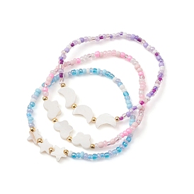 3Pcs 3 Style Star & Moon & Butterfly Shell & Seed Beaded Stretch Bracelets Set