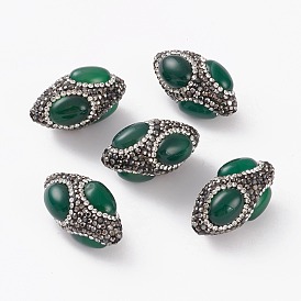 Natural Green Onyx Agate Beads, with Rhinestone, Rugby