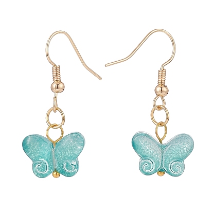 5 Pairs 5 Color Glass Butterfly Dangle Earrings, Brass Drop Earrings for Women