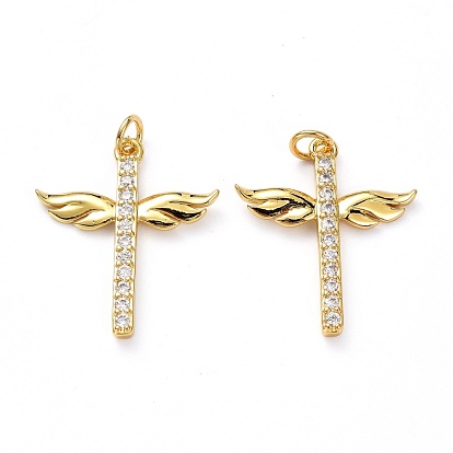 Brass Micro Pave Clear Cubic Zirconia Pendants, with Jump Ring, Long-Lasting Plated, Cross with Wing