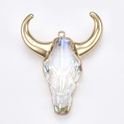 Electroplate Glass Big Pendants, with Iron Findings, AB Colour, Ox-Head Shape, Clear AB