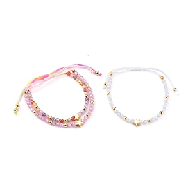 Ensembles de bracelets tressés en nylon réglable, avec des perles de zircone cubique facettées et des perles en laiton, Étoile et ronde, or