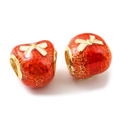 Christmas Brass Enamel European Beads, Large Hole Beads, Lead Free & Cadmium Free, Bowknot Pattern, Real 18K Gold Plated