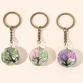Glass Half Round with Tree of Life Pendant Keychain, with Metal Findings
