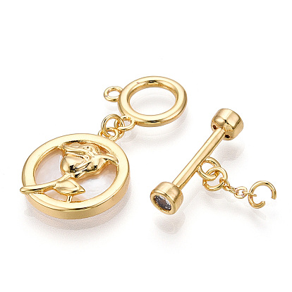 Shell Toggle Clasps, with Brass Findings, Flat Round with Rose