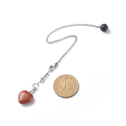 Pendules de radiesthésie en pierres précieuses mixtes, avec placage de couleur en acier inoxydable 304 apprêts en acier inoxydable et perles en hématite synthétique, charme coeur