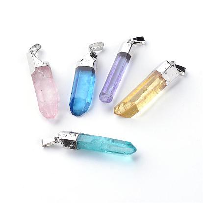 Natural Quartz Pointed Pendants, with Brass Findings, Dyed, Bullet, Platinum