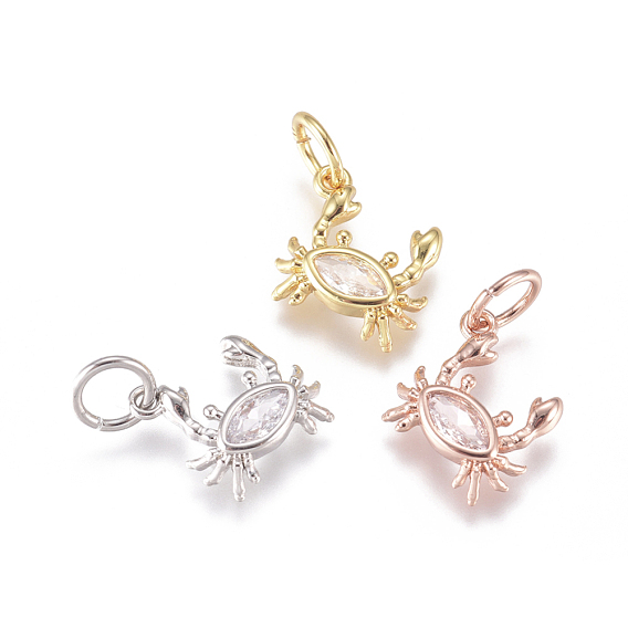 Brass Charms, with Micro Pave Cubic Zirconia and Jump Rings, Crab
