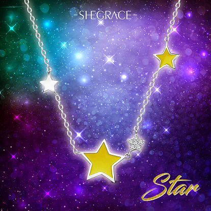 SHEGRACE 925 Sterling Silver Pendant Necklaces, with Epoxy Resin and Cubic Zirconia, Star