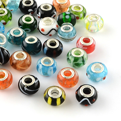 Rondelle Mixed Style Handmade Lampwork European Large Hole Beads, with Silver Color Plated Brass Cores, 14x9~10mm, Hole: 5mm