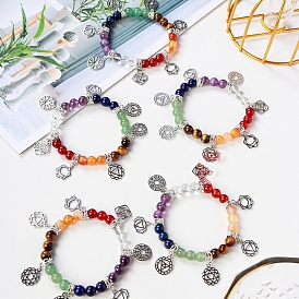 Natural Mixed Gemstone Round Beaded Stretch Bracelet with 7 Chakra Alloy Charms, Yoga Theme Jewelry for Women